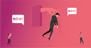 an illustration of a big hand throwing a tiny man out of a door
